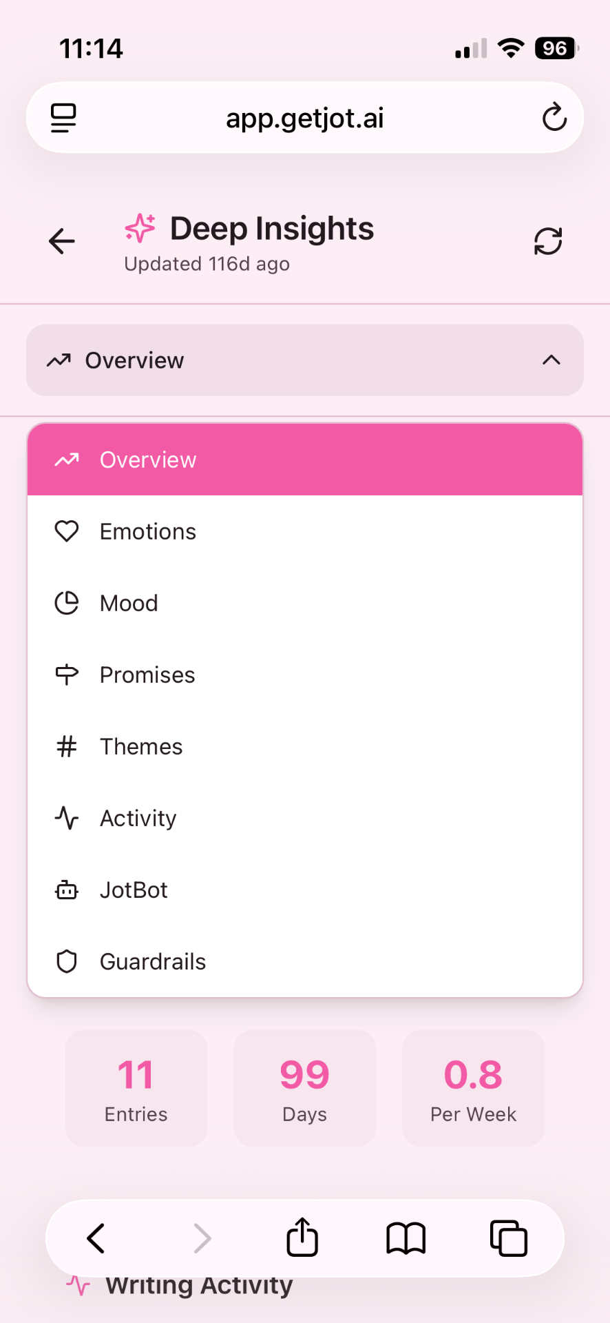 deep insights screen in the jot mobile app