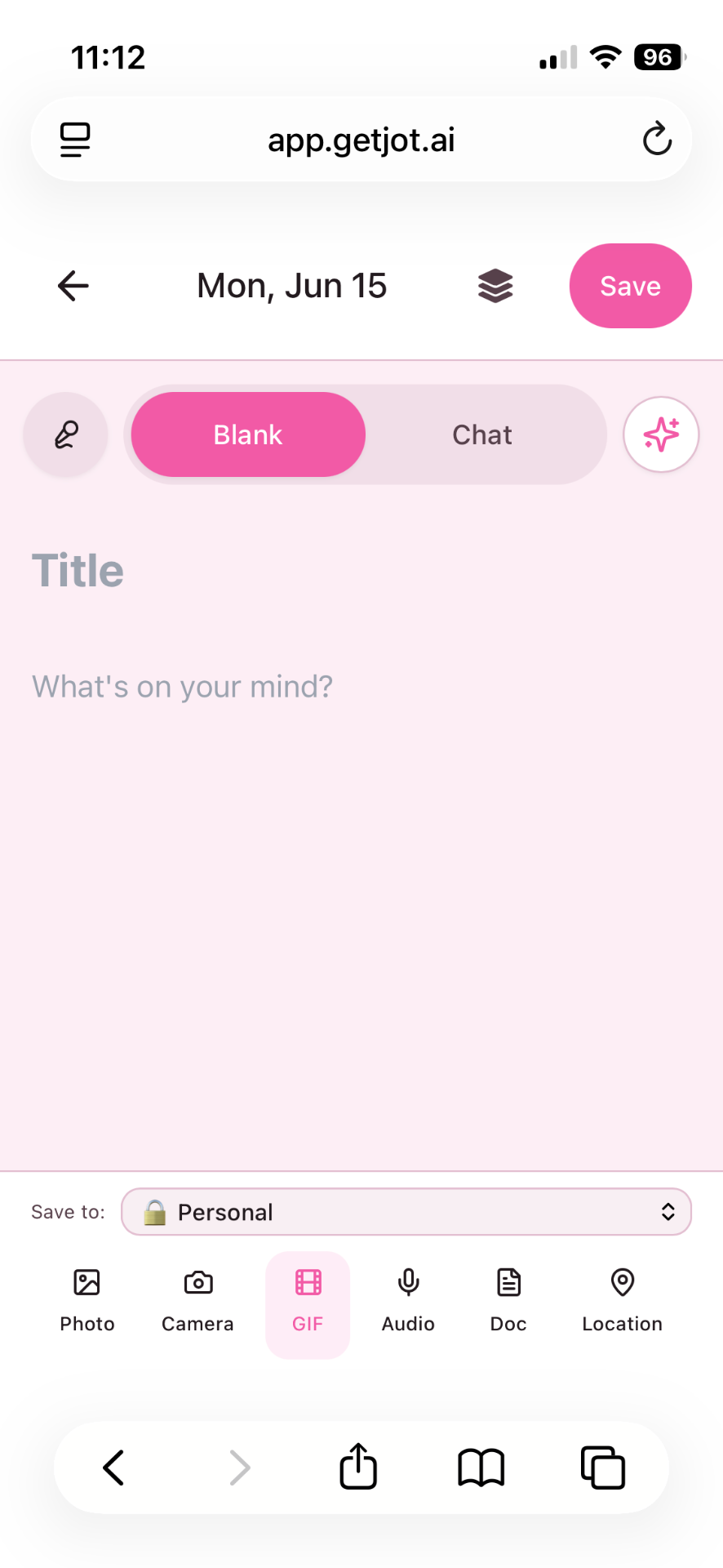 personal journal screen in the jot mobile app