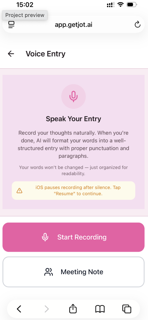 ai notes screen in the jot mobile app