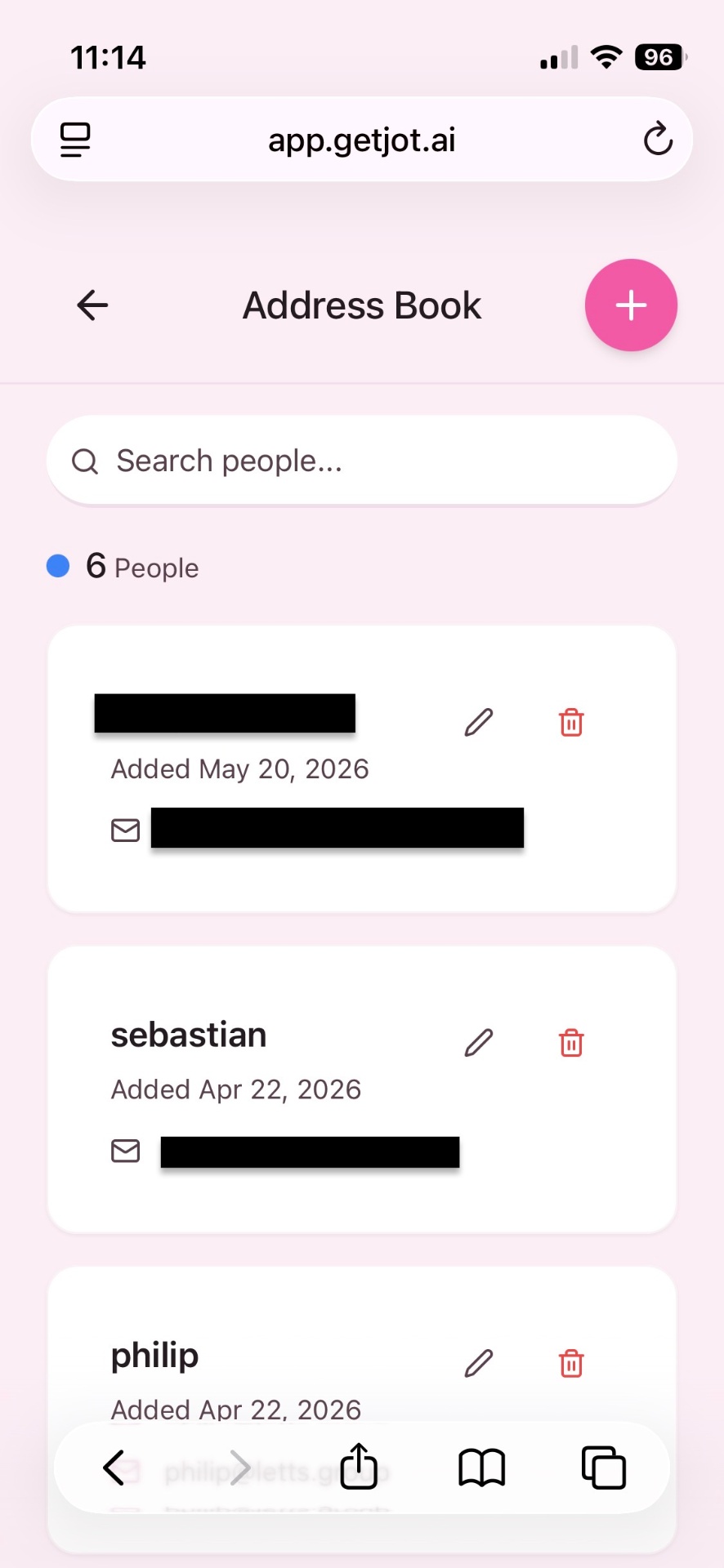 address book screen in the jot mobile app