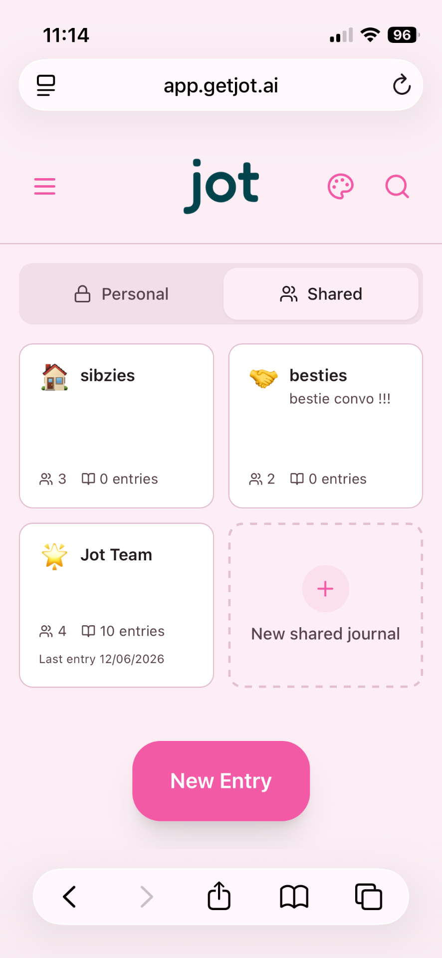 shared journal screen in the jot mobile app